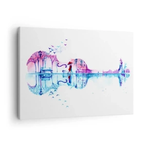 Cuadro sobre lienzo - Impresión de Imagen - Silueta de ciudad en forma de violín en colores de acuarela - 70x50cm - Te traeré cánticos de lluvia - Decoración de pared moderna para salón y dormitorio ARTTOR