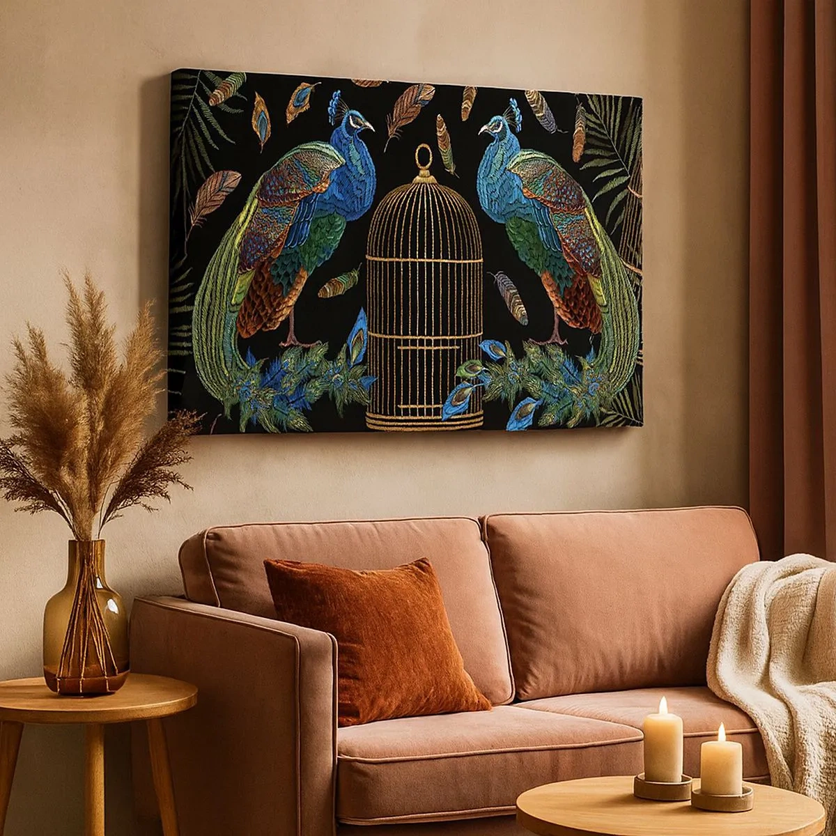 Cuadro sobre lienzo - Impresión de Imagen - Pavos reales junto a una jaula dorada sobre un fondo negro - 70x50cm - Con plumajes reales - Decoración de pared moderna para salón y dormitorio ARTTOR