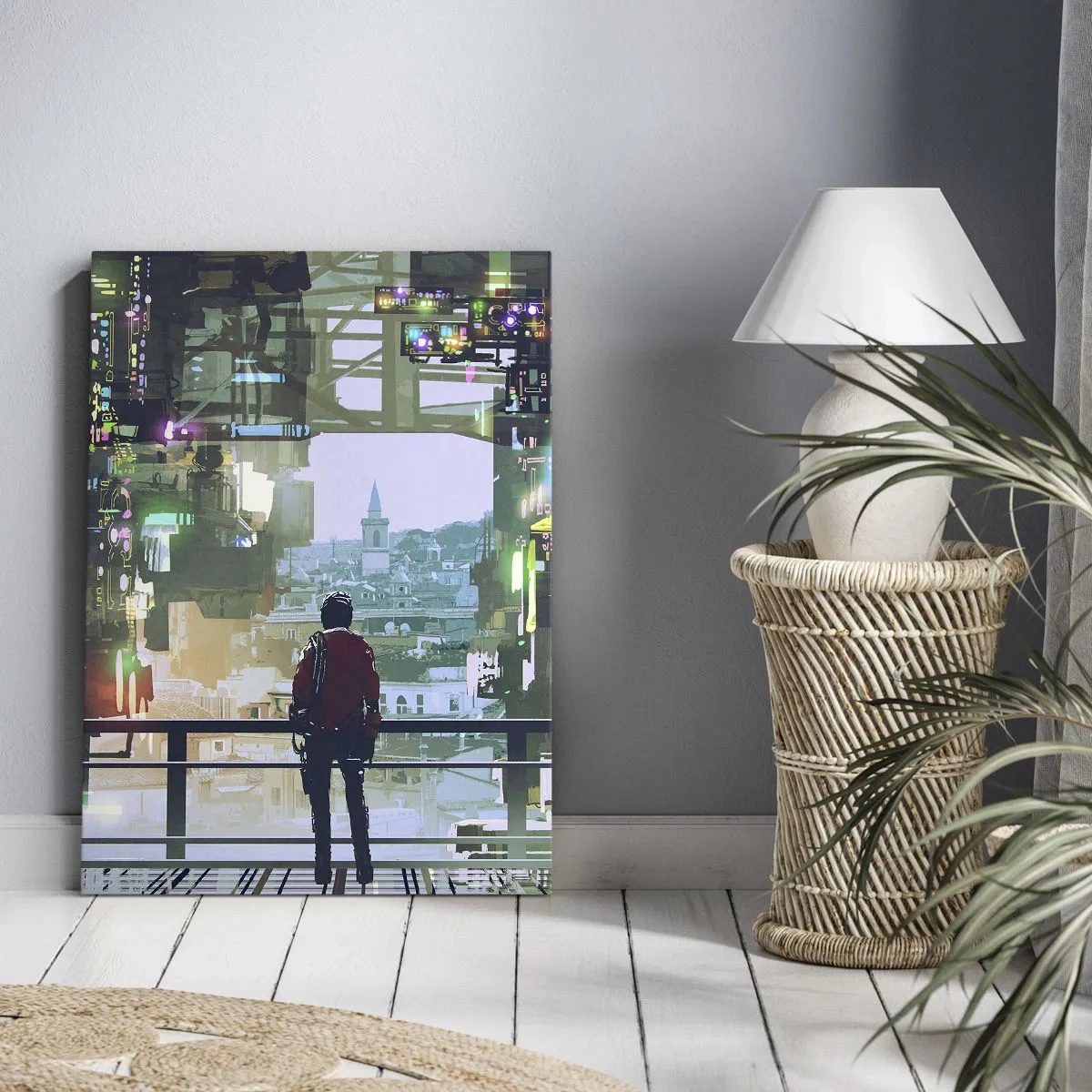 Cuadro sobre lienzo - Impresión de Imagen - Una figura en una ciudad futurista con luces de neón. - 70x100cm - Dos mundos - Decoración de pared moderna para salón y dormitorio ARTTOR