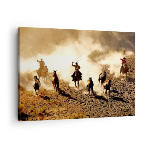 Cuadro sobre lienzo - Impresión de Imagen - Vaqueros a caballo en acción en el terreno desértico. - 70x50cm - El salvaje oeste - Decoración de pared moderna para salón y dormitorio ARTTOR