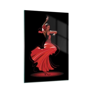Cuadro sobre vidrio - Impresiones sobre Vidrio - Bailaora de flamenco con vestido rojo sobre fondo negro - 70x100cm - El espíritu ardiente del flamenco - Decoración de pared moderna para salón y dormitorio ARTTOR