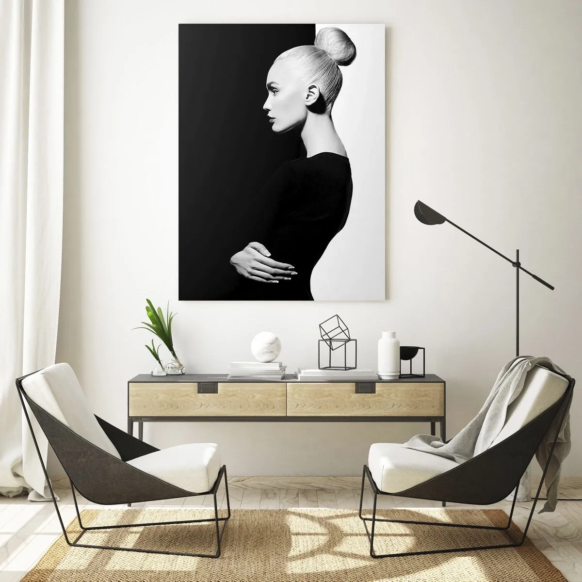 Cuadro sobre vidrio - Impresiones sobre Vidrio - Retrato en blanco y negro de una mujer con un elegante moño. - 50x70cm - Simplemente femenina - Decoración de pared moderna para salón y dormitorio ARTTOR