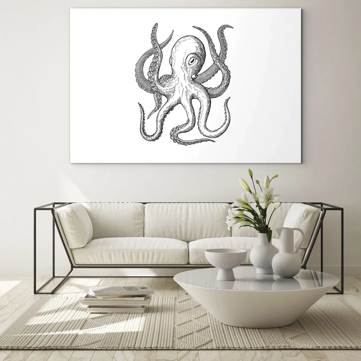 Cuadro sobre vidrio - Impresiones sobre Vidrio - Dibujo en blanco y negro de un pulpo sobre un fondo blanco. - 70x50cm - Bailando con olas - Decoración de pared moderna para salón y dormitorio ARTTOR