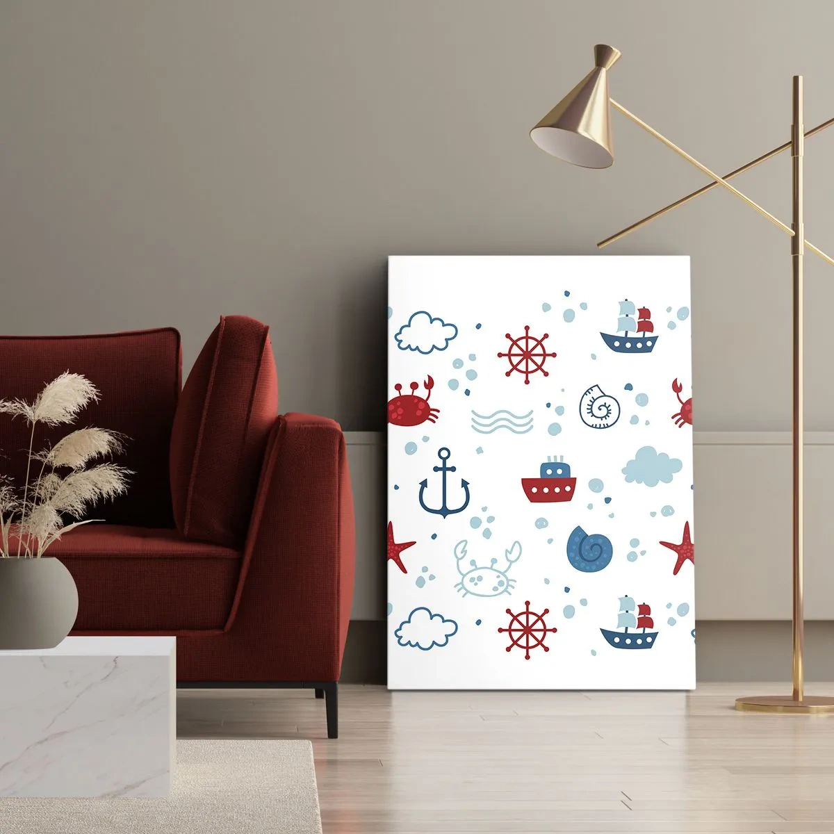 Cuadro sobre lienzo - Impresión de Imagen - Patrón náutico con anclas, barcos y cangrejos. - 50x70cm - Un cuento de mar - Decoración de pared moderna para salón y dormitorio ARTTOR