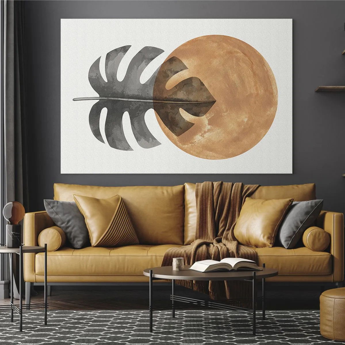 Cuadro sobre vidrio - Impresiones sobre Vidrio - Hoja de monstera y círculo naranja en estilo gráfico sobre fondo blanco. - 120x80cm - Siempre el sol - Decoración de pared moderna para salón y dormitorio ARTTOR