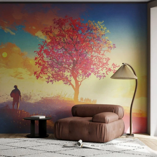 Fotomural Premium Canvas - Un peregrino en su destino - Paisaje, Árbol, Vagabundo - 300x210 cm