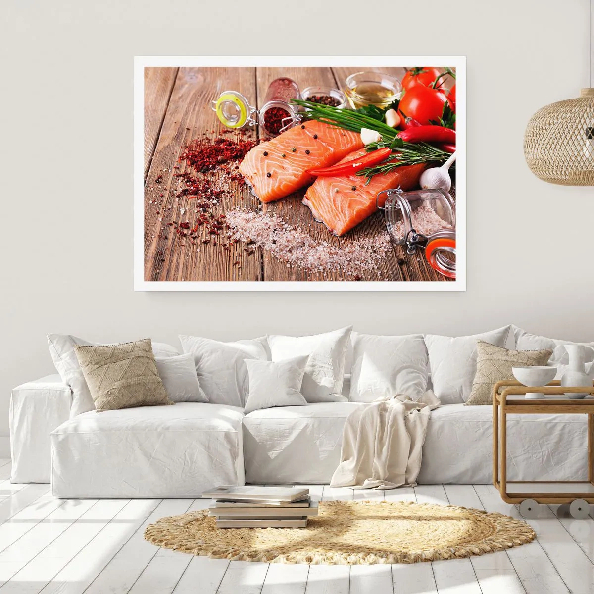 Póster - Filetes de salmón con especias sobre fondo de madera. - 100x70cm - Una aventura noruega en la cocina - Decoración de pared moderna para salón y dormitorio ARTTOR