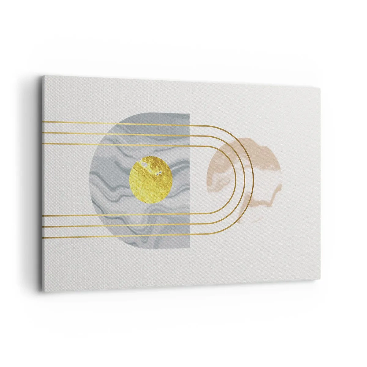 Cuadro sobre lienzo - Impresión de Imagen - Composición abstracta con círculos y líneas doradas sobre fondo claro. - 120x80cm - Brillo y resplandor - Decoración de pared moderna para salón y dormitorio ARTTOR