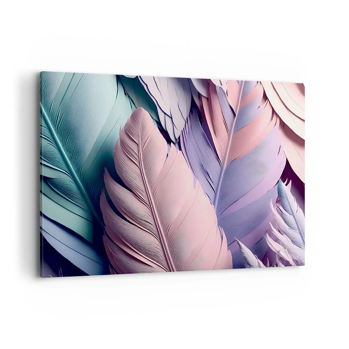 Cuadro sobre lienzo - Impresión de Imagen - Plumas de colores en tonos pastel sobre un fondo claro. - 120x80cm - Pájaro chic - Decoración de pared moderna para salón y dormitorio ARTTOR