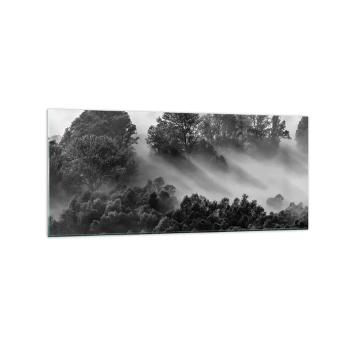Cuadro sobre vidrio - Impresiones sobre Vidrio - Paisaje forestal en blanco y negro en la niebla matutina - 120x50cm - Levantarse del sueño - Decoración de pared moderna para salón y dormitorio ARTTOR