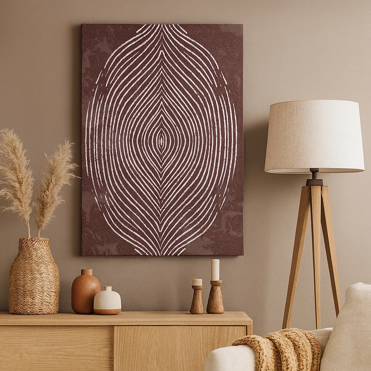 Cuadro sobre lienzo - Impresión de Imagen - Ondas simétricas en líneas blancas sobre un fondo marrón - 50x70cm - El espacio habla - Decoración de pared moderna para salón y dormitorio ARTTOR