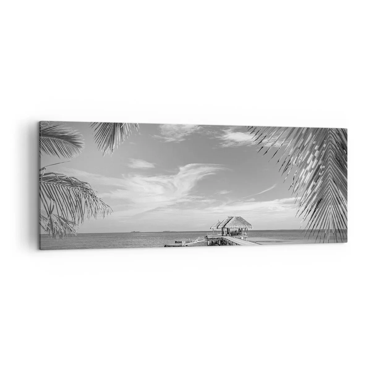 Cuadro sobre lienzo - Impresión de Imagen - Playa blanca y negra con muelle y palmeras en una costa tropical - 140x50cm - ¿Un recuerdo o un sueño? - Decoración de pared moderna para salón y dormitorio ARTTOR