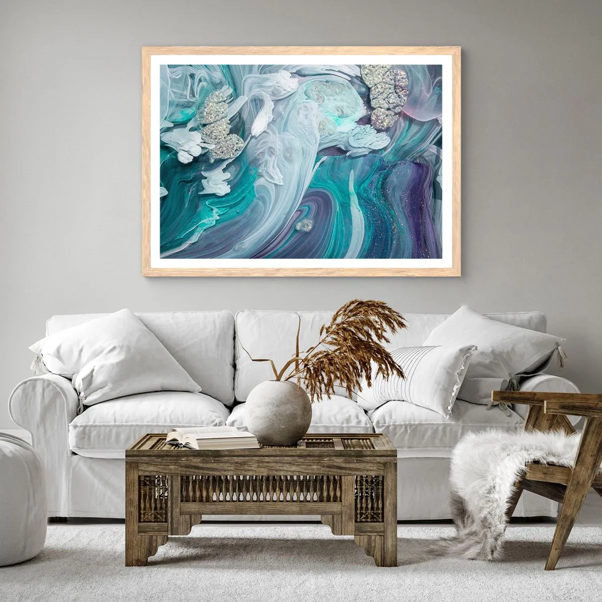 Póster en marco roble claro - Corrientes de azul - 91x61 cm