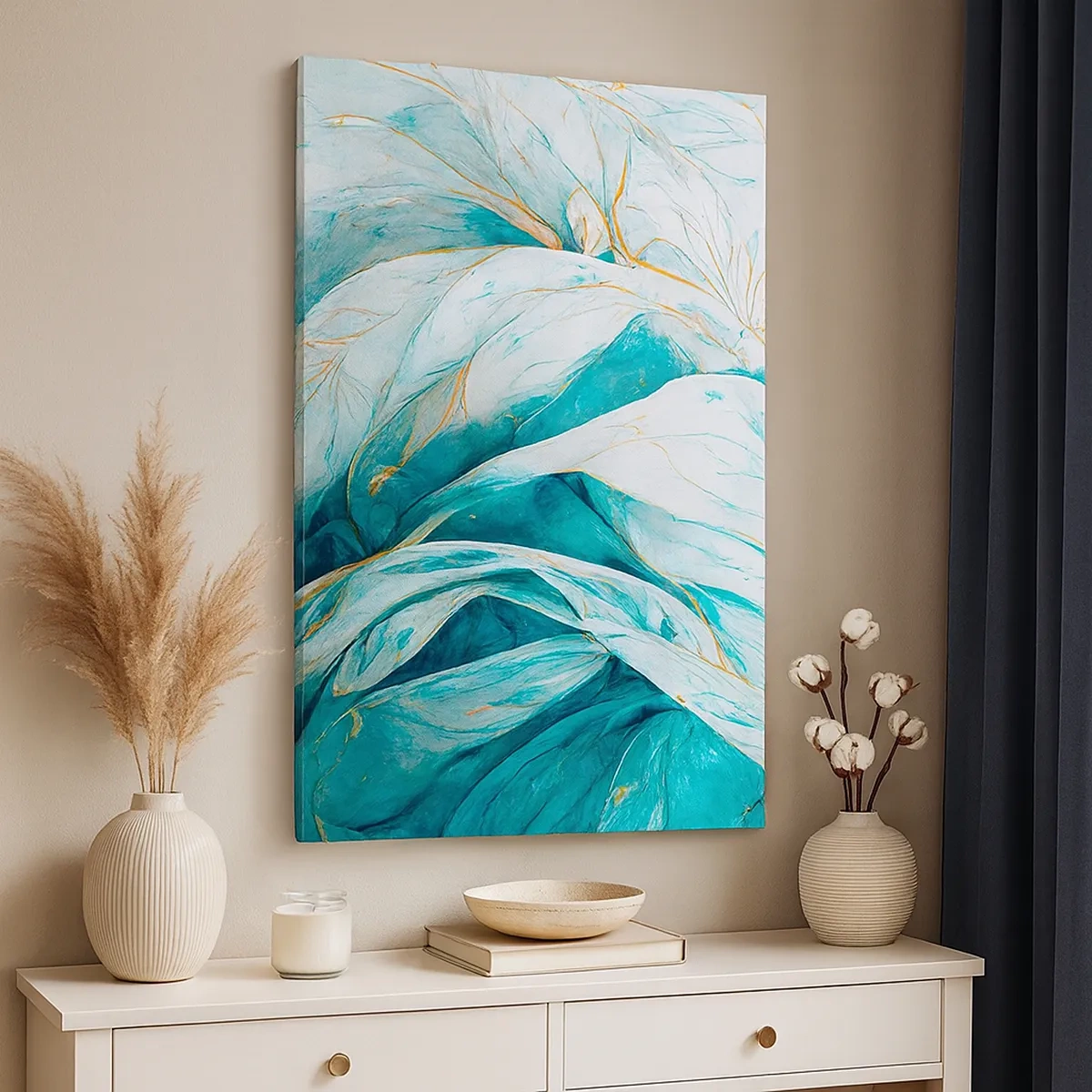 Cuadro sobre lienzo - Impresión de Imagen - Hojas azules abstractas con detalles dorados - 50x70cm - Abstracción azul con motivos dorados - Decoración de pared moderna para salón y dormitorio ARTTOR