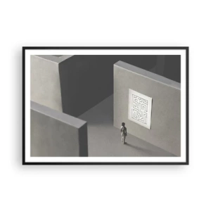 Póster en marco negro - Una figura en un laberinto mirando un mapa colgado. - 100x70cm - ¿Pero dónde estoy? - Decoración de pared moderna para salón y dormitorio ARTTOR