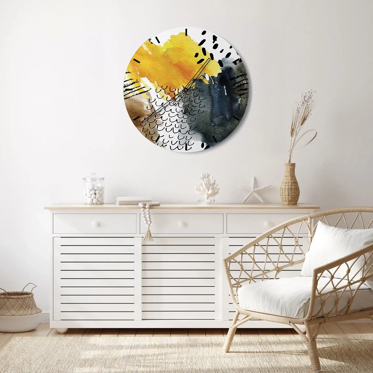 Reloj de pared - Reloj de vidrio - Patrón abstracto en amarillo, azul marino y negro. - 30x30cm - Reunión de los elementos - Decoración de pared moderna para salón, cocina y dormitorio ARTTOR