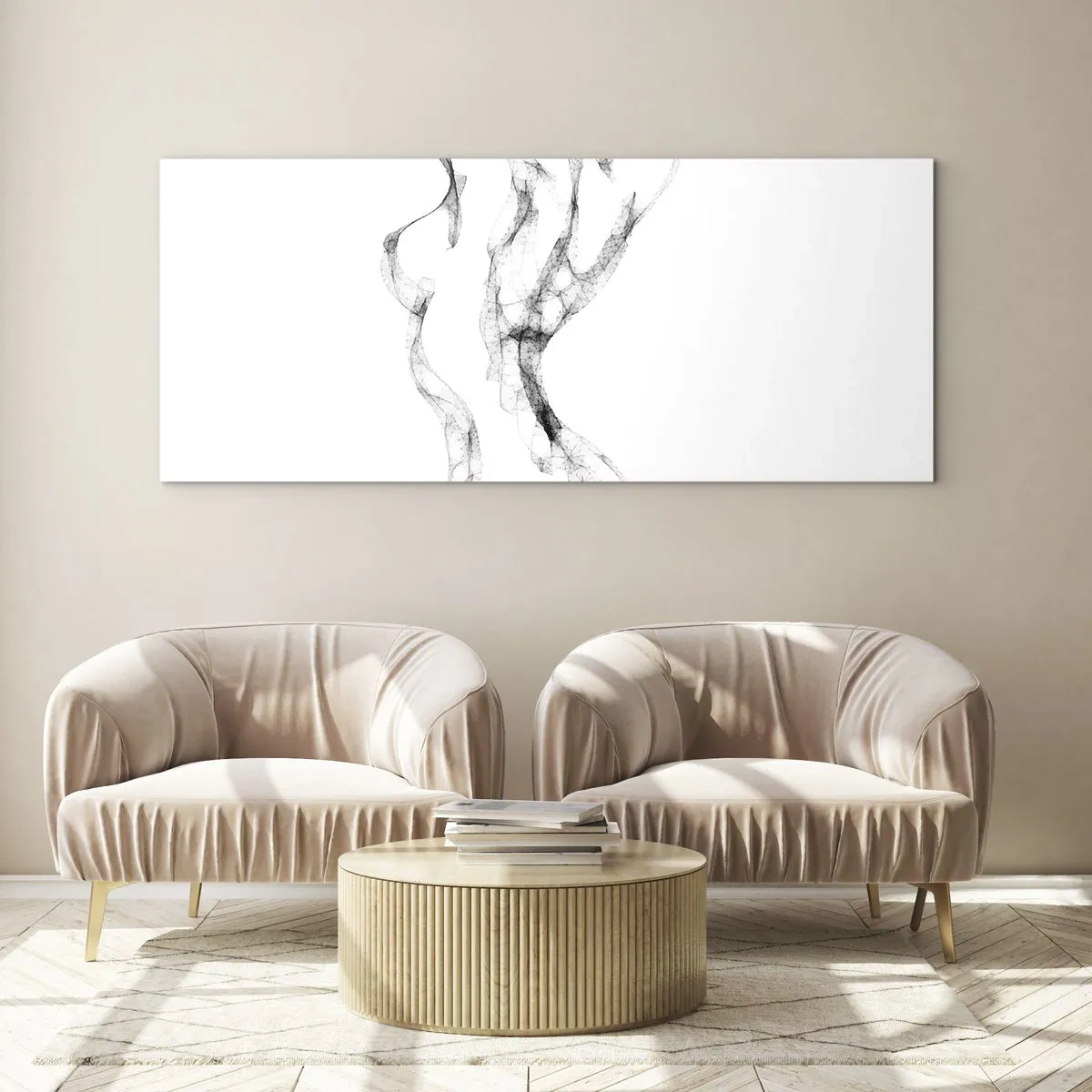 Cuadro sobre vidrio - Impresiones sobre Vidrio - Líneas delicadas y abstractas que se asemejan a estelas de humo sobre un fondo claro. - 160x50cm - Hermosa y fuerte - Decoración de pared moderna para salón y dormitorio ARTTOR