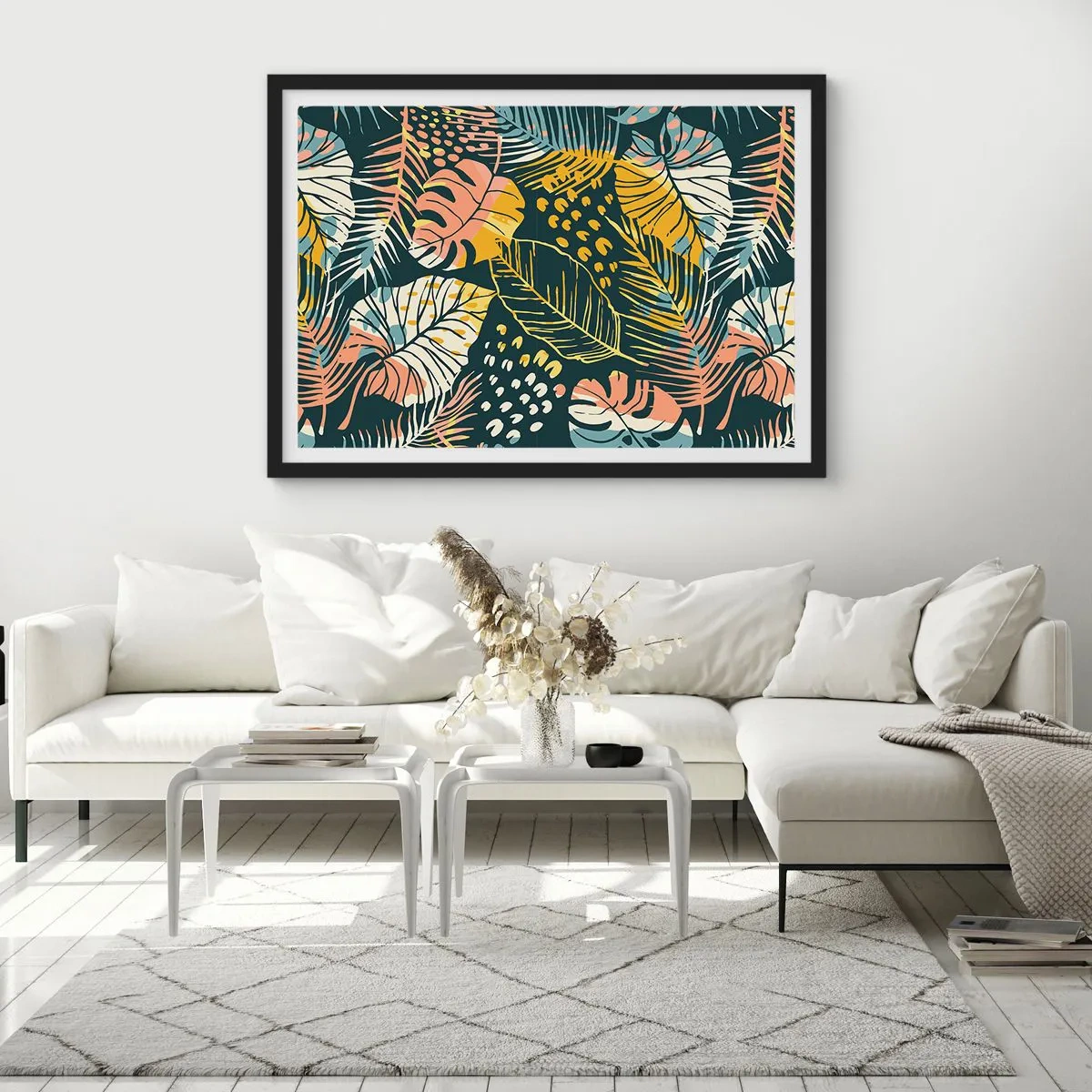 Póster en marco negro - Hojas coloridas sobre un fondo oscuro - 100x70cm - Una frondosa fantasía - Decoración de pared moderna para salón y dormitorio ARTTOR