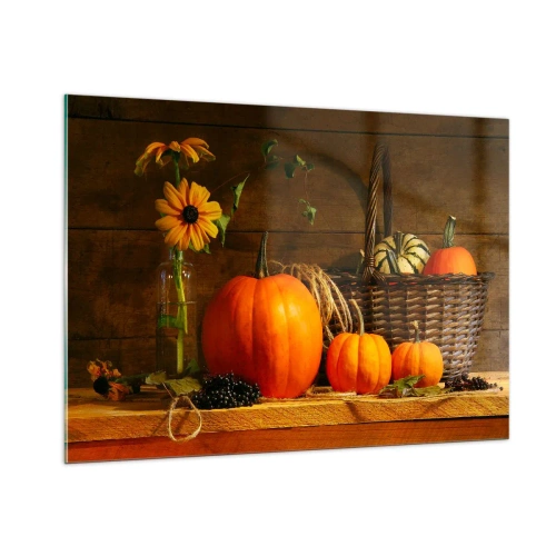 Cuadro sobre vidrio - Impresiones sobre Vidrio - Bodegón otoñal con calabazas y flores - 100x70cm - Composición rústica - regalos de otoño - Decoración de pared moderna para salón y dormitorio ARTTOR