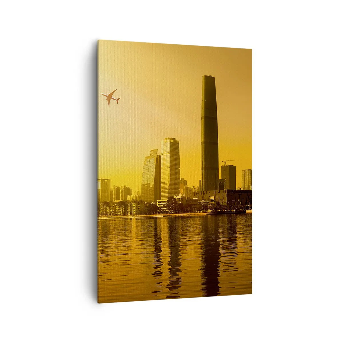 Cuadro sobre lienzo - Impresión de Imagen - Panorama de la ciudad al atardecer con rascacielos y un avión. - 80x120cm - La ciudad dorada - Decoración de pared moderna para salón y dormitorio ARTTOR