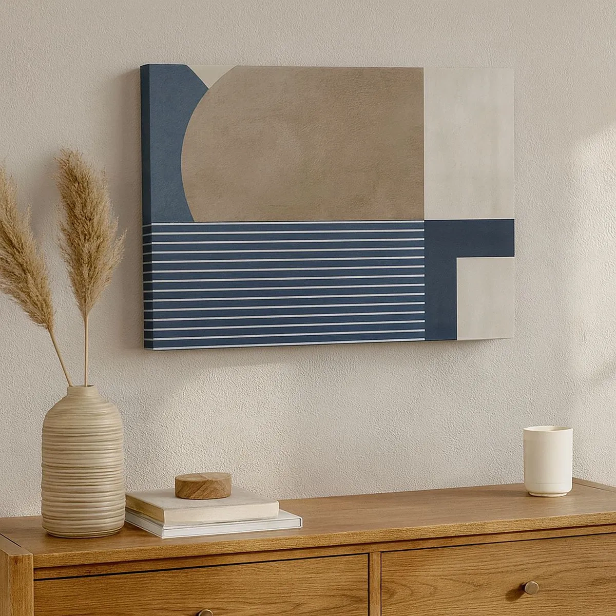 Cuadro sobre lienzo - Impresión de Imagen - Figuras geométricas en tonos beige y azul marino con líneas. - 70x50cm - Composición de sencillez y redondez - Decoración de pared moderna para salón y dormitorio ARTTOR