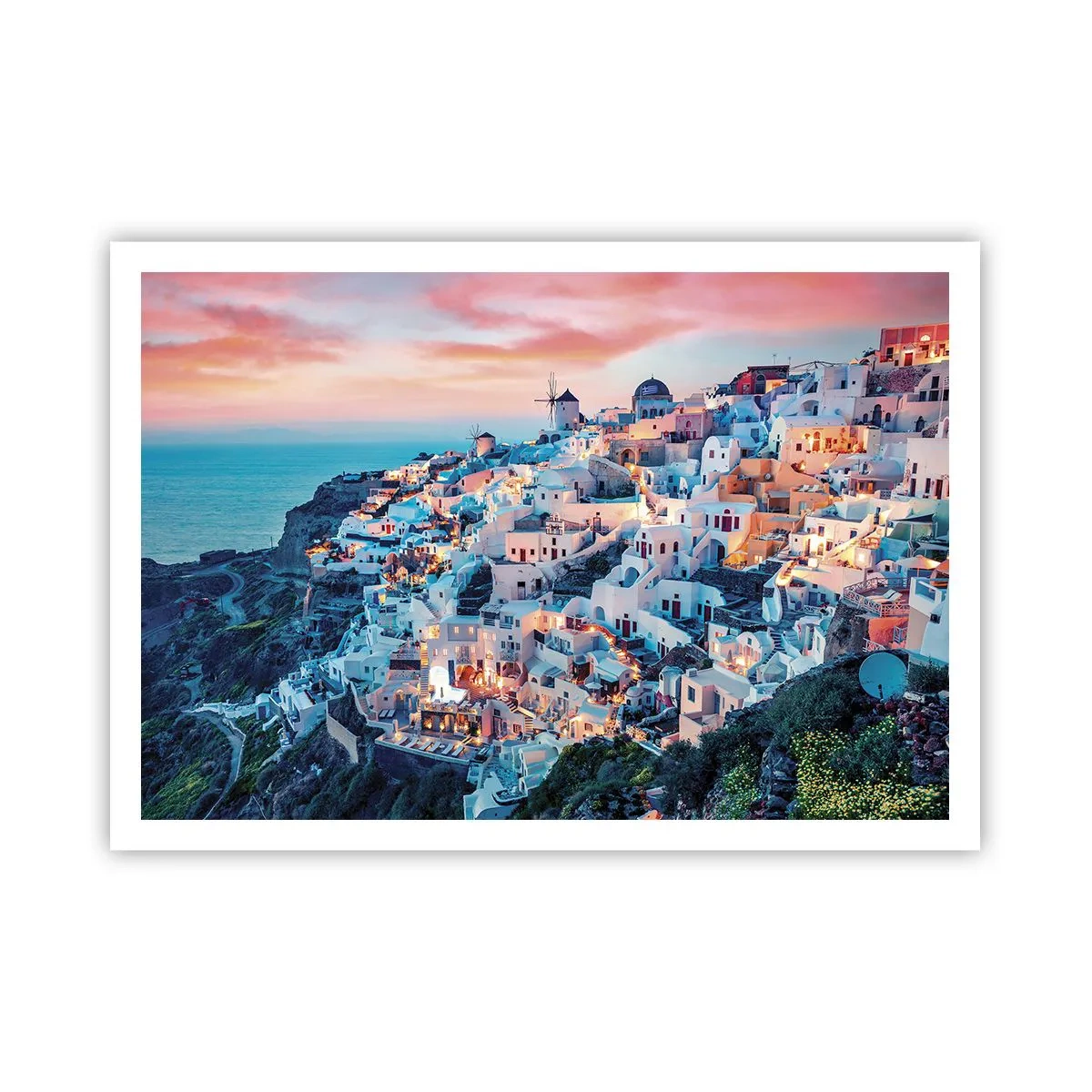 Póster - Santorini al atardecer con edificios blancos en la colina - 100x70cm - Vacaciones en Grecia - Decoración de pared moderna para salón y dormitorio ARTTOR