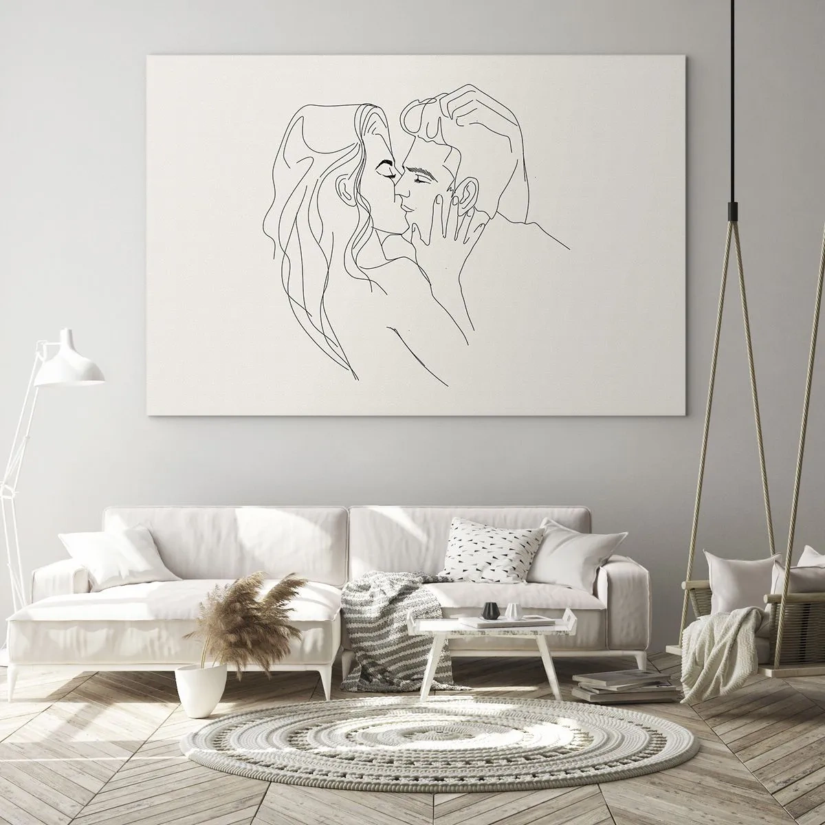 Cuadro sobre vidrio - Impresiones sobre Vidrio - Un beso sensual de una pareja en la línea de contorno. - 70x50cm - Unión y sentimiento - Decoración de pared moderna para salón y dormitorio ARTTOR