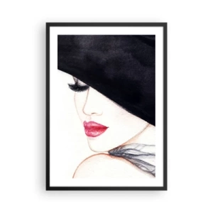 Póster en marco negro - Retrato de una mujer con sombrero negro y labios rojos. - 50x70cm - Elegancia y sensualidad - Decoración de pared moderna para salón y dormitorio ARTTOR