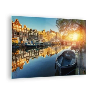 Cuadro sobre vidrio - Impresiones sobre Vidrio - Canal de Ámsterdam al atardecer - 70x50cm - Mañana en Ámsterdam - Decoración de pared moderna para salón y dormitorio ARTTOR