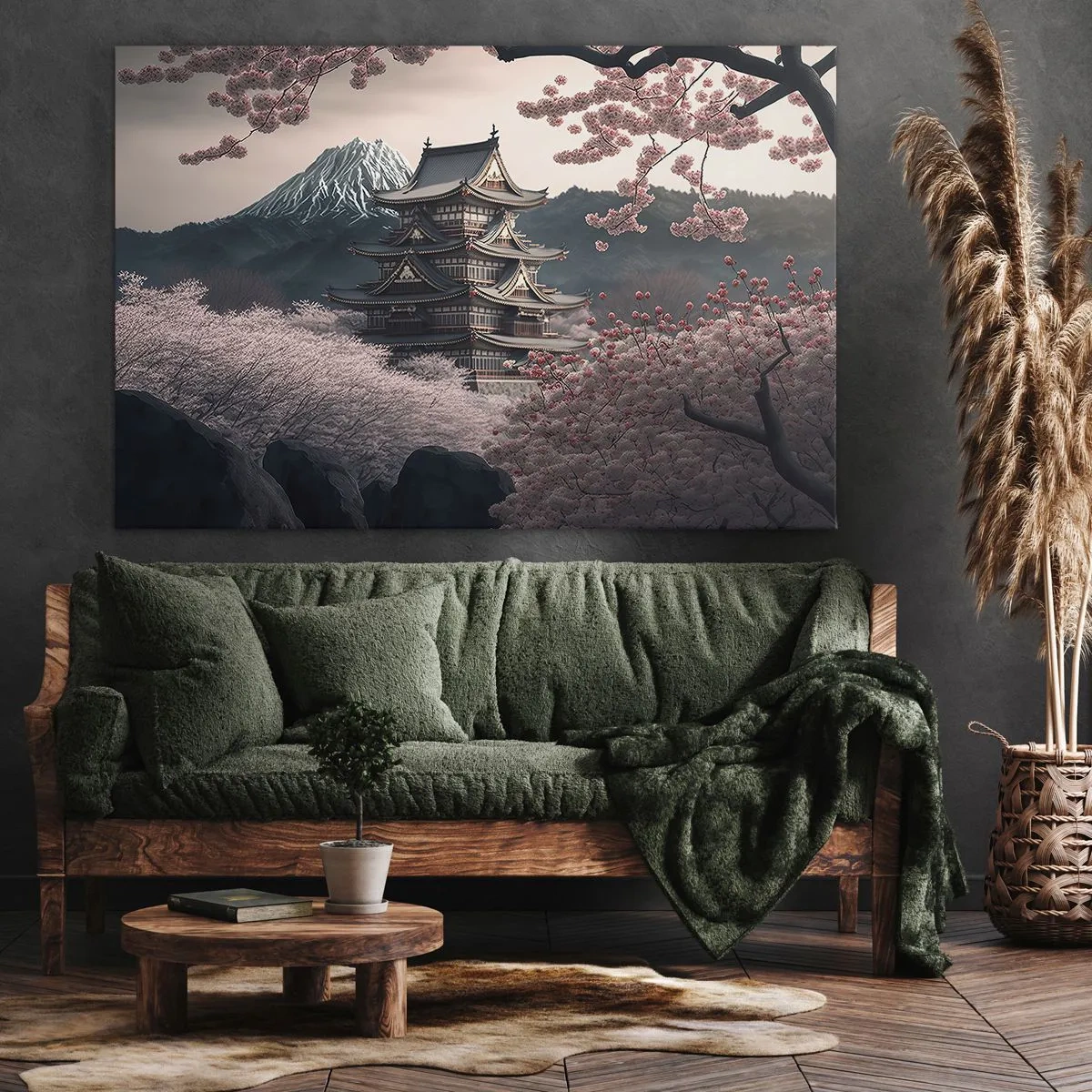 Cuadro sobre lienzo - Impresión de Imagen - Un templo japonés rodeado de flores de cerezo y montañas. - 100x70cm - Tierra de cerezos en flor - Decoración de pared moderna para salón y dormitorio ARTTOR