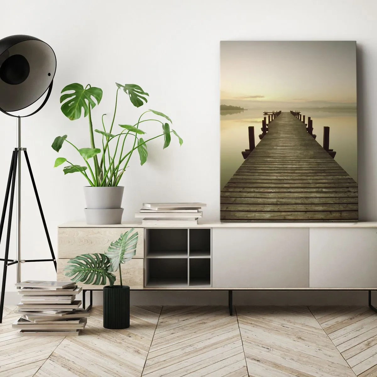 Cuadro sobre lienzo - Impresión de Imagen - Un embarcadero de madera en un lago tranquilo por la mañana. - 50x70cm - Antes del amanecer, al amanecer, la luz - Decoración de pared moderna para salón y dormitorio ARTTOR