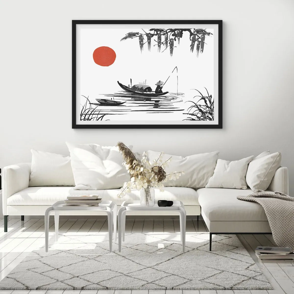 Póster en marco negro - Paisaje oriental con un pescador en un barco y un sol rojo. - 70x50cm - Una tarde asiática - Decoración de pared moderna para salón y dormitorio ARTTOR