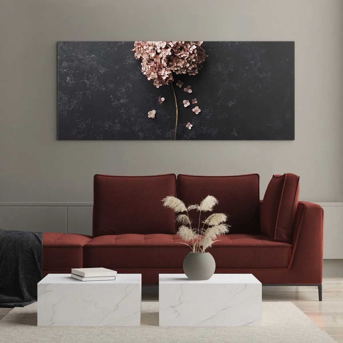 Cuadro sobre vidrio - Impresiones sobre Vidrio - Una delicada flor de hortensia sobre un fondo oscuro. - 160x50cm - Un signo verdaderamente romántico - Decoración de pared moderna para salón y dormitorio ARTTOR