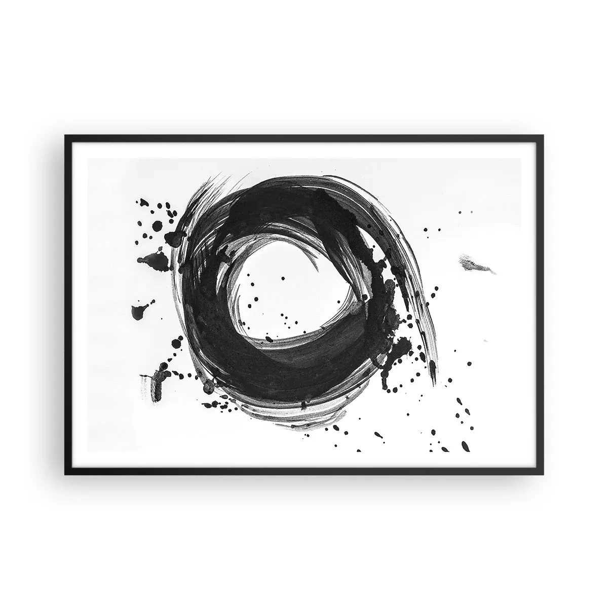 Póster en marco negro - Abstracción negra en forma de círculo sobre fondo blanco. - 100x70cm - El torbellino de la creación - Decoración de pared moderna para salón y dormitorio ARTTOR