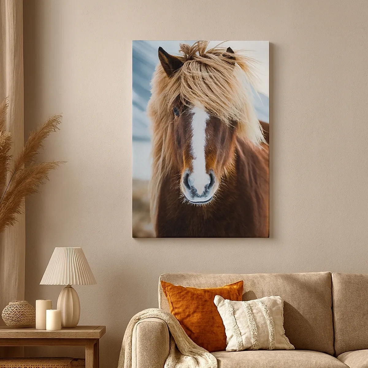 Cuadro sobre lienzo - Impresión de Imagen - Caballo islandés frente a un paisaje montañoso - 50x70cm - ¿Puedes sentir la libertad? - Decoración de pared moderna para salón y dormitorio ARTTOR