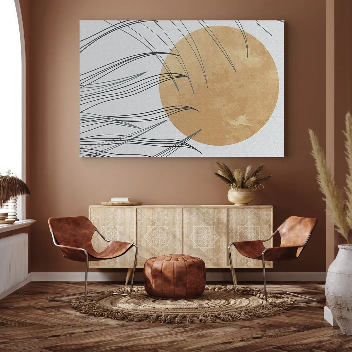 Cuadro sobre lienzo - Impresión de Imagen - Hojas de hierba abstractas contra el fondo de un gran sol naranja - 70x50cm - Siempre hacia el sol - Decoración de pared moderna para salón y dormitorio ARTTOR