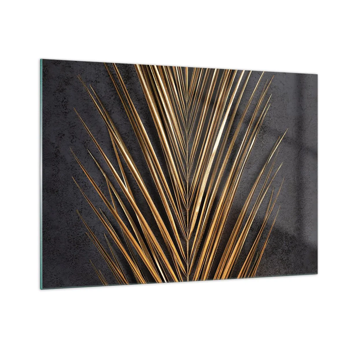 Cuadro sobre vidrio - Impresiones sobre Vidrio - Hoja de palma dorada sobre un fondo oscuro - 100x70cm - El oro de los trópicos - Decoración de pared moderna para salón y dormitorio ARTTOR