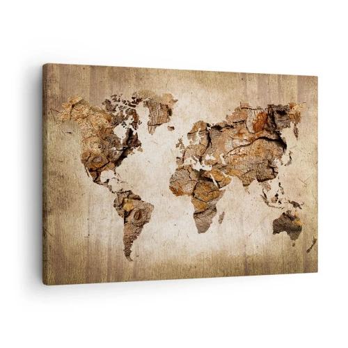 Cuadro sobre lienzo - Impresión de Imagen - Un mapa del mundo en estilo rústico de madera. - 70x50cm - El descubrimiento del mundo - Decoración de pared moderna para salón y dormitorio ARTTOR