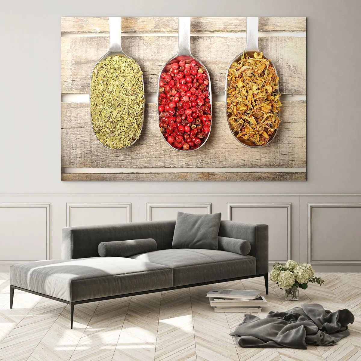 Cuadro sobre vidrio - Impresiones sobre Vidrio - Tres cucharas con especias sobre un fondo de madera rústica. - 70x50cm - La magia de la cocina - Decoración de pared moderna para salón y dormitorio ARTTOR