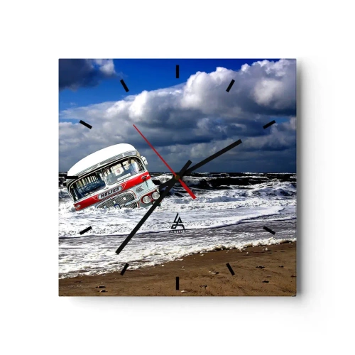Reloj de pared - Reloj de vidrio - Un autobús hundido en la playa en medio de olas y mares agitados - 30x30cm - ¿Y qué te sorprende? - Decoración de pared moderna para salón y dormitorio ARTTOR