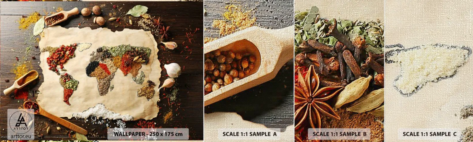Muestra de fotomural Premium Canvas - Todos los sabores del mundo - Gastronomía, Mapa del mundo, Especias secas - 100x30 cm