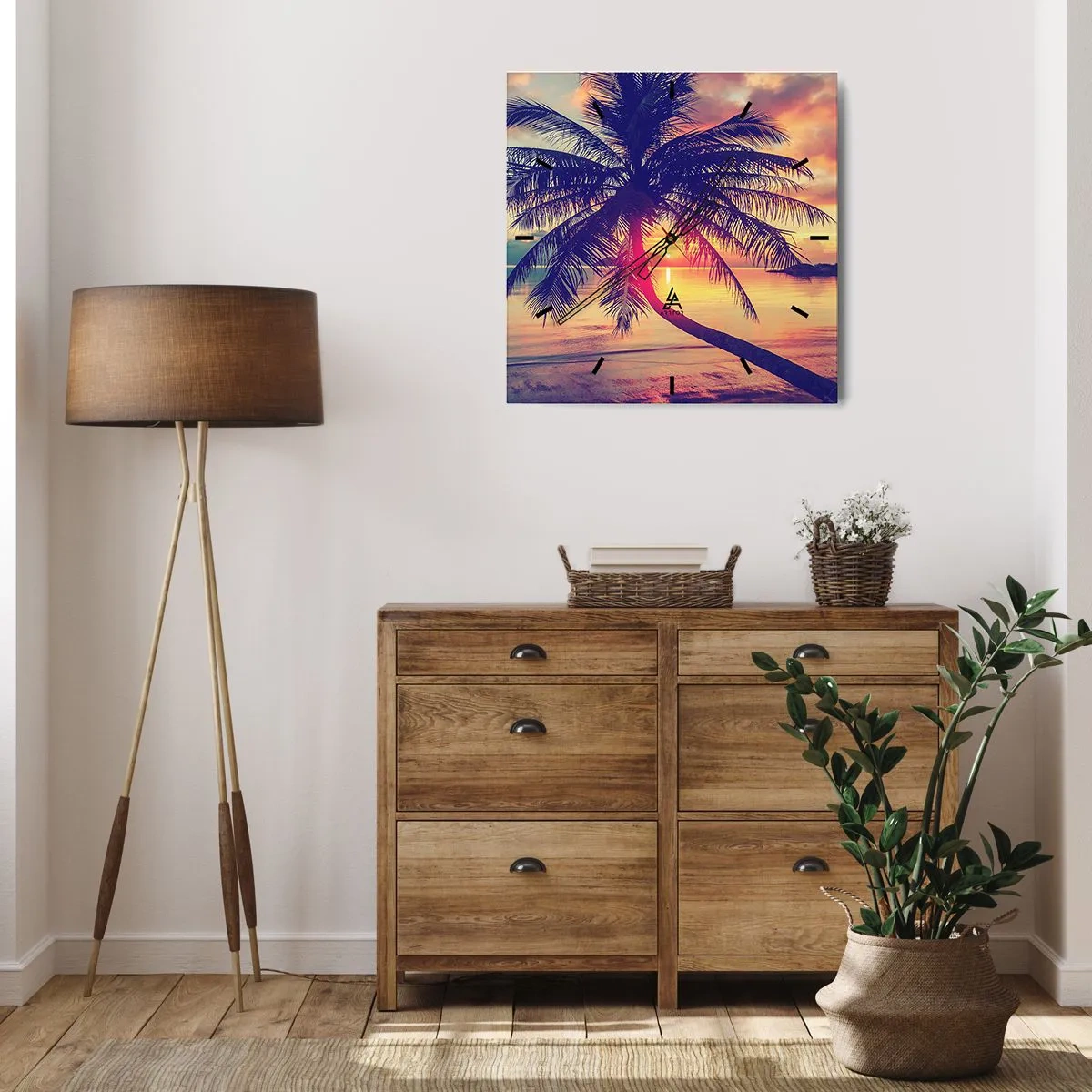 Reloj de pared - Reloj de vidrio - Puesta de sol con una palmera sobre una orilla tranquila - 30x30cm - Atardecer bajo las palmeras - Decoración de pared moderna para salón y dormitorio ARTTOR