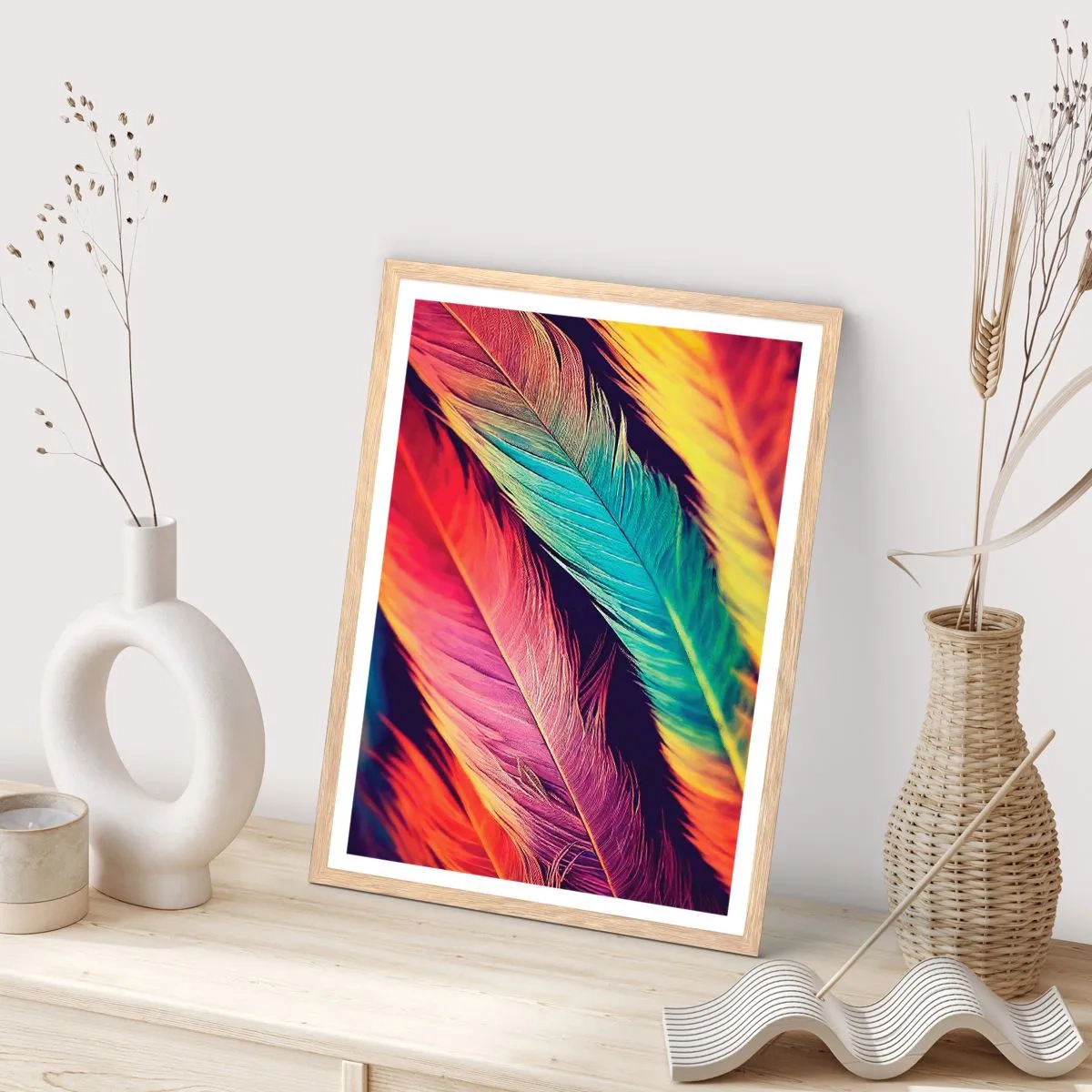 Póster en marco roble claro - Arco iris plumoso - 40x50 cm