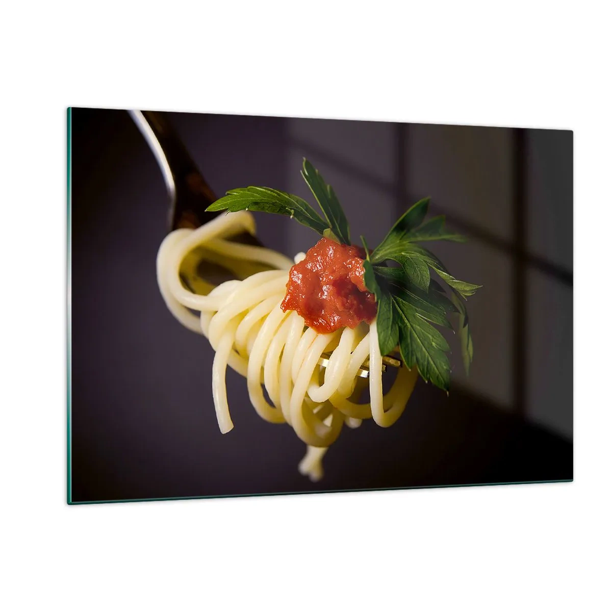 Cuadro sobre vidrio - Impresiones sobre Vidrio - Pasta espaguetis al tenedor con salsa de tomate - 120x80cm - Un sabroso bocado - Decoración de pared moderna para salón y dormitorio ARTTOR