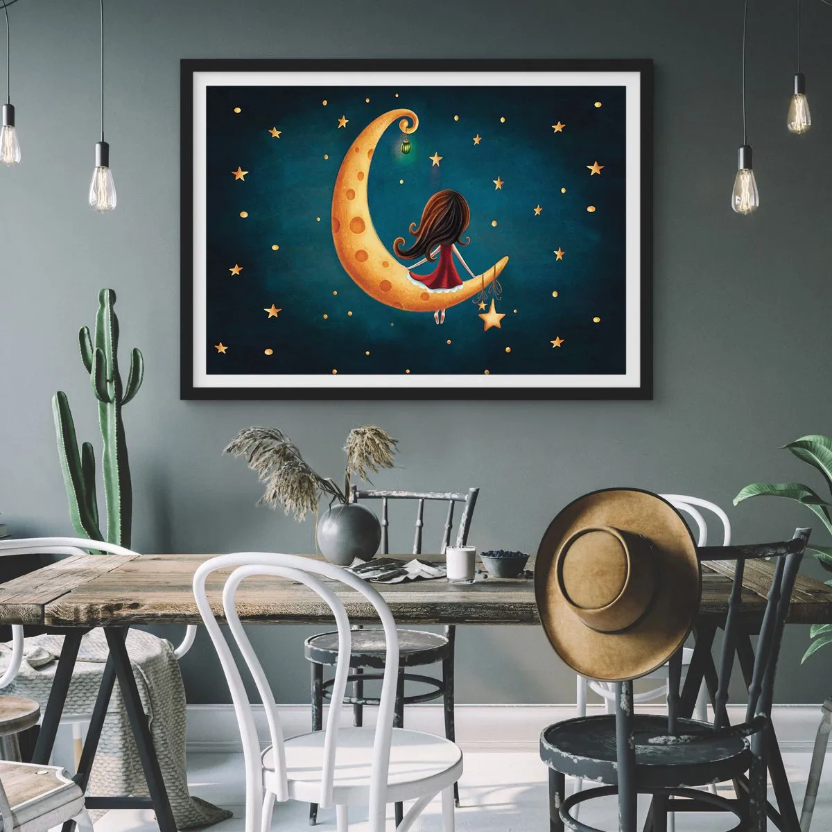 Póster en marco negro - Una niña en la luna rodeada de estrellas. - 100x70cm - Érase una vez... - Decoración de pared moderna para salón y dormitorio ARTTOR