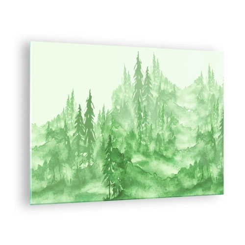 Cuadro sobre vidrio - Impresiones sobre Vidrio - Bosque verde en estilo acuarela - 70x50cm - Difuminado con niebla verde - Decoración de pared moderna para salón y dormitorio ARTTOR