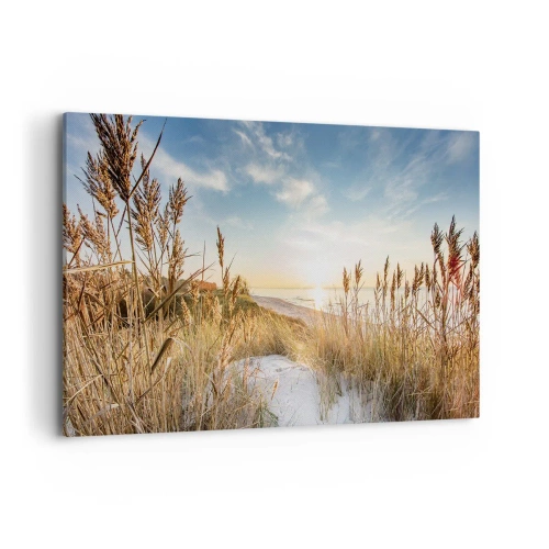 Cuadro sobre lienzo - Impresión de Imagen - Una playa pintoresca con césped y la puesta de sol. - 120x80cm - Playa del norte - Decoración de pared moderna para salón y dormitorio ARTTOR