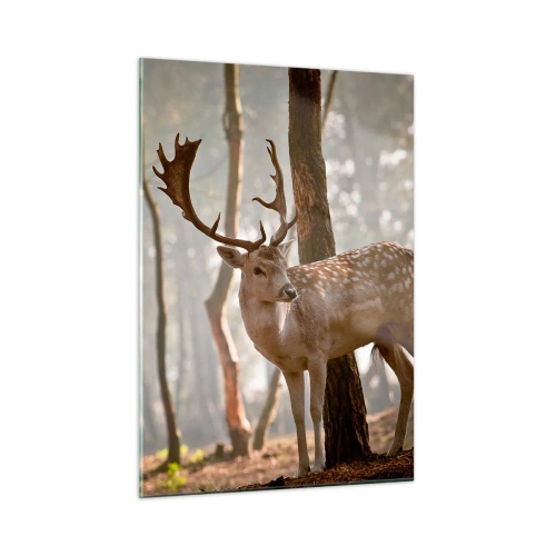 Cuadro sobre vidrio - Impresiones sobre Vidrio - Un ciervo en el bosque rodeado de niebla matutina. - 50x70cm - La luz de la juventud - Decoración de pared moderna para salón y dormitorio ARTTOR