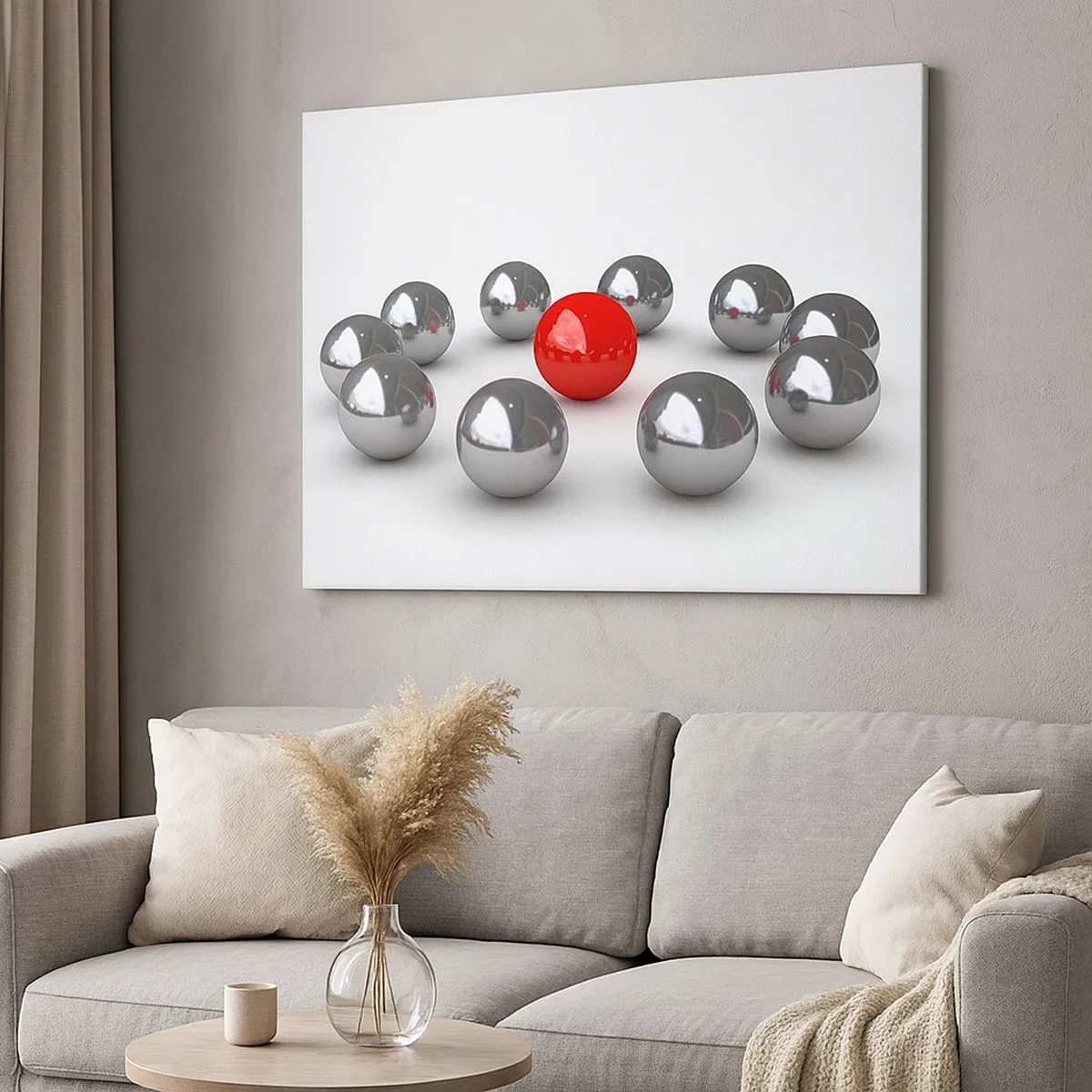 Cuadro sobre lienzo - Impresión de Imagen - Una bola roja rodeada de bolas plateadas sobre un fondo blanco. - 70x50cm - Círculo en plata y rojo - Decoración de pared moderna para salón y dormitorio ARTTOR