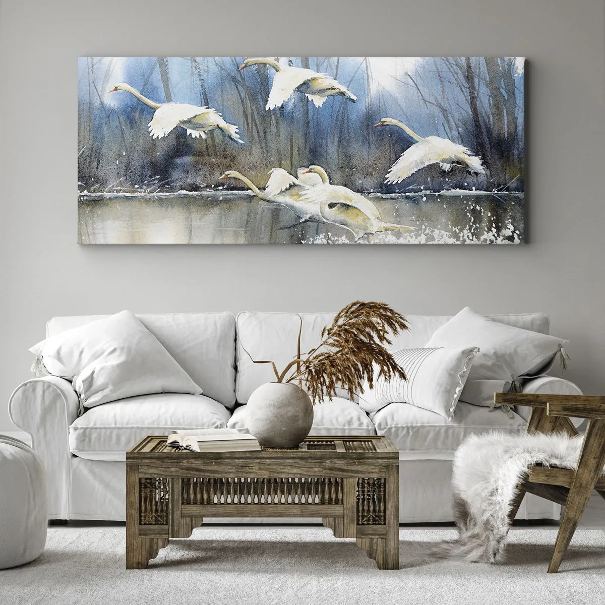 Cuadro sobre lienzo - Impresión de Imagen - Cisnes en vuelo sobre un lago congelado en un paisaje invernal - 140x50cm - Como en un cuento de cisnes salvajes - Decoración de pared moderna para salón y dormitorio ARTTOR